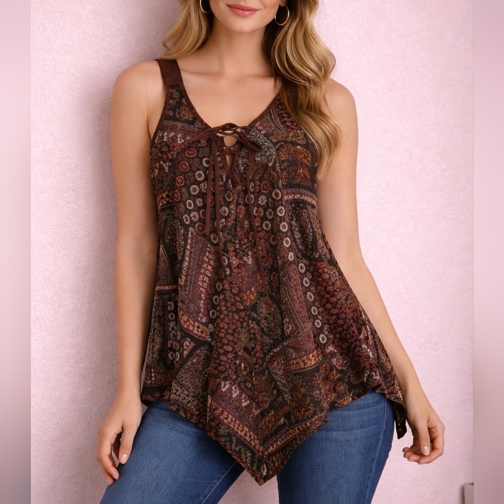 WRANGLER Faux Suede Floral Handkerchief Lace-up Sleeveless Western Festival Top